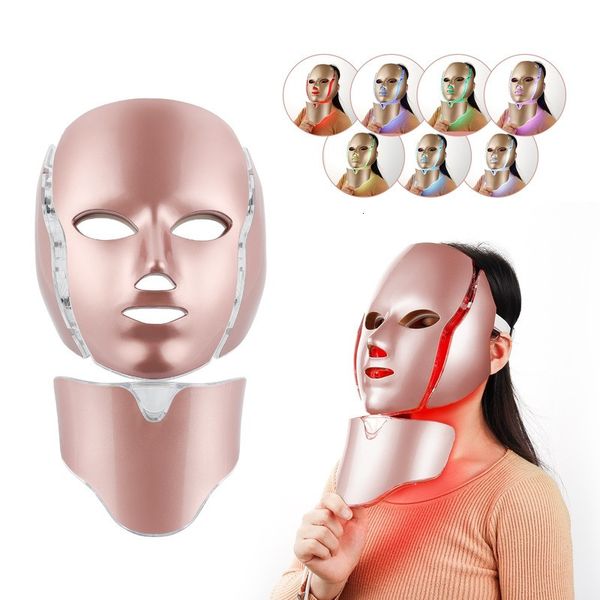 Masajeador facial Pon 7 colores Máscara LED Rejuvenecimiento de la piel Acné Antiarrugas Con estiramiento del cuello Aparato de belleza Luz coreana SPA 230621