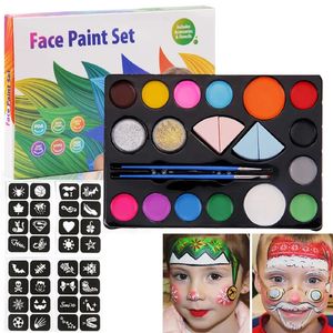 Kit de peinture faciale peinture corporelle avec 14 couleurs 2 paillettes pincettes 4 éponges 9 pochoirs pour le maquillage de fête de cosplay d'Halloween 240321