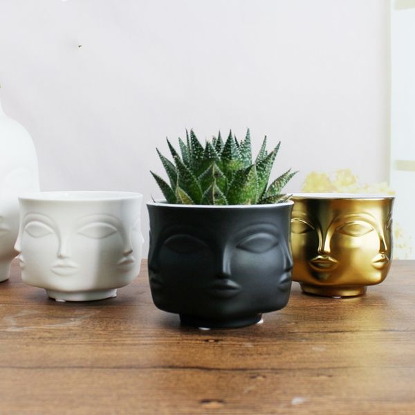 Diseños en forma de cara Jarrón de cerámica Porcelana Maceta Accesorios de decoración del hogar Macetas Oro Negro Blanco Herramientas Y200709