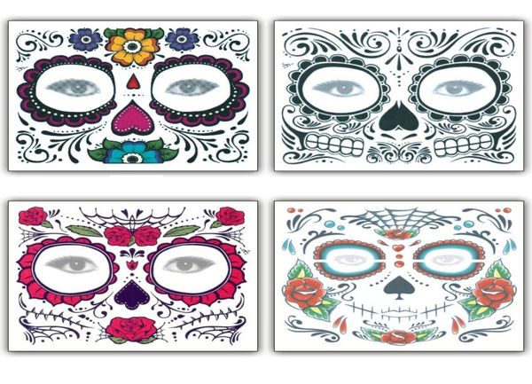 Face Tattoo Sticker Floral Day of the Dead Sugar Skull Temporary Face Tattoo Kit Halloween Makeup Tattoo Stickers Masquerade Party2237060