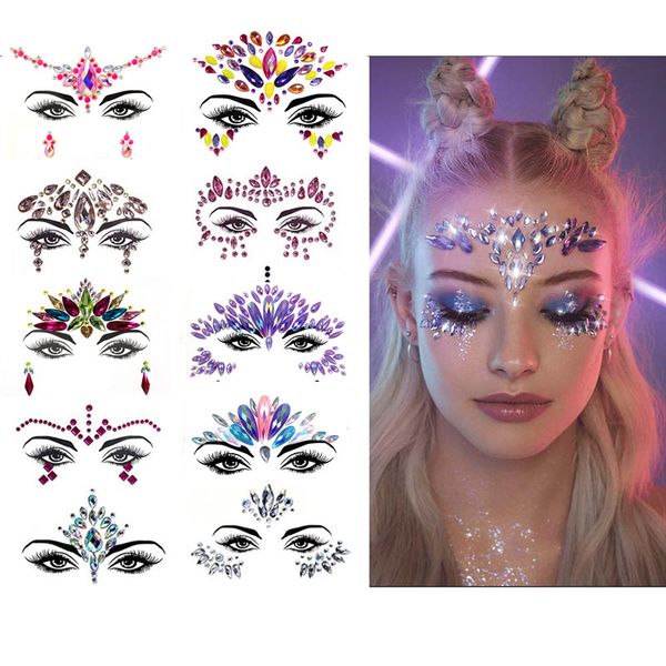 Pegatinas de tatuaje facial Joyas Fiesta de diamantes Maquillaje facial Delineador de ojos Sombra de ojos Maquillaje de ojos Diamantes de imitación de cristal Tatuajes temporales Etiqueta de ojos