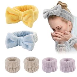 Face Wash Polsband Hoofdband Fleece Huidverzorging Bowtie Haarband Polsmanchetten voor Make-up Douche Tienermeisjes Hoofdbanden