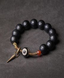 Pulsera de obsidiana negra de 10 mm Faced Tibtetan Bead Vintage Processed Copper Zen Healing Oración para hombres Mujeres2984112605