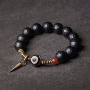 Geconfronteerd 10mm strand Zwart Obsidiaan Armband Gemengde Tibtetan Kraal Vintage Verwerkt Koper Zen Healing Gebed Sieraden voor Mannen Women210U