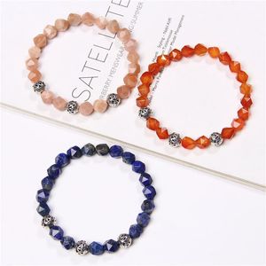 Faceted Sunstone Armbanden Mannen Elastische Sieraden Craft Zilveren Kleur Kralen Legering Bedel Bangle Handgemaakte Reiki Natuursteen Pulsa Beaded, Stra