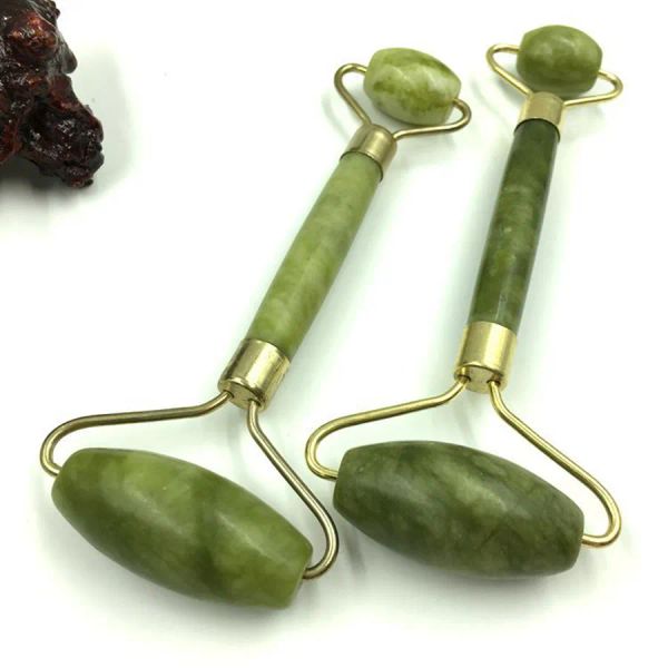 Rodillo de Jade para masaje Facial, masajeador de cuello y cara de doble cabeza, herramientas de salud y belleza de Jade Natural, rodillo para masaje Facial