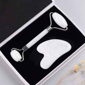Rouleau facial Gua Sha Set à outils Masseur Natural White Jade Face Rouleaux Massage Stracage Spa Eyes Neck Beauty Health Anti Rinkle Cellulite Skincare