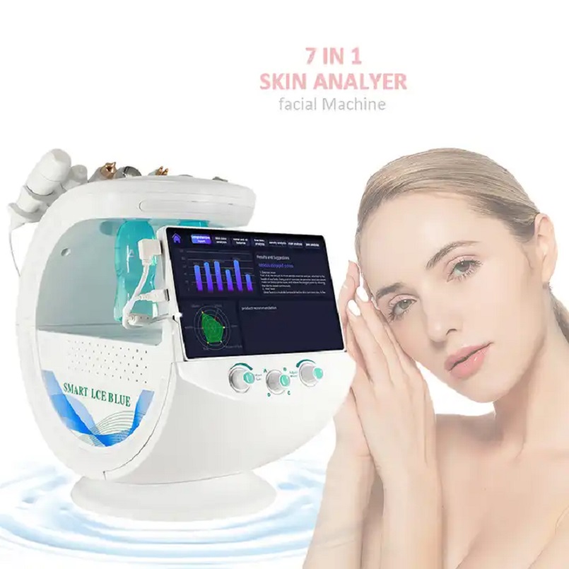 Gesichtsmaschine 8 in 1 Sauerstoffsprühhaut Hautpfrümpfe Hydro Dermabrasion Schönheit Hautmanagementsystem Smart Ice Blue