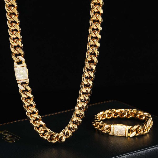 Fábrica 12 mm Miami Acero inoxidable Oro Cadena de eslabones cubanos Collar Hip Hop Cadena De Oro 14k 18k Plateado Cubana para hombre