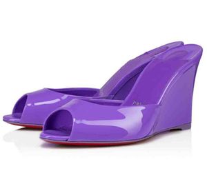 Chaussures à semelle rouge de luxe sandale d'été Me Dolly Zeppa 85 mm Mules sandales compensées en cuir verni nom designer dame talon décontracté