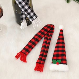 Factory Bar Tools Kerst ornamenten Set Xmas Mini Buffalo Plaid Wine Bottle Topper Cover Santa Hat Controled Scarf RRD199