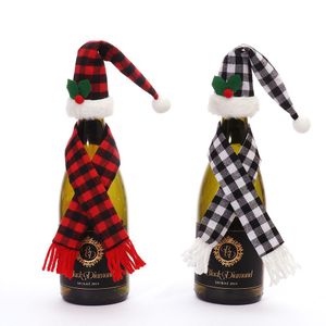 Factory Bar Tools Kerst ornamenten Set Xmas Mini Buffalo Plaid Wine Bottle Topper Cover Santa Hat Checked SCRAF RRA