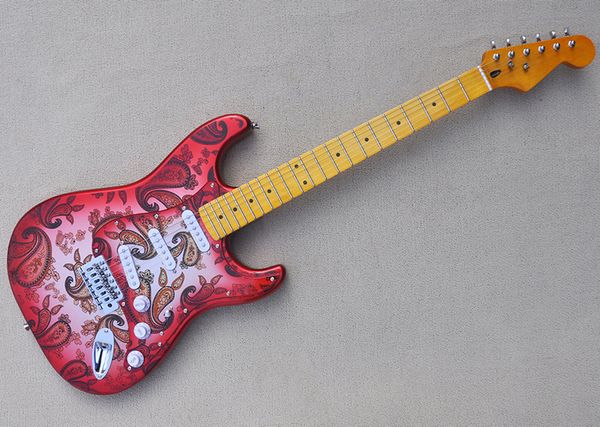 Hermosa guitarra eléctrica de cuerpo rojo de fábrica con herrajes cromados, cuello de arce amarillo, logotipo de oferta / color personalizado