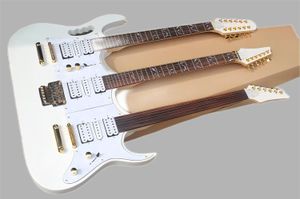 Guitare électrique à double cou blanc personnalisée en usine avec 6 cordes de 6 + 6 + 12, manche en palissandre, quincaillerie en or, offrir un chaud personnalisé