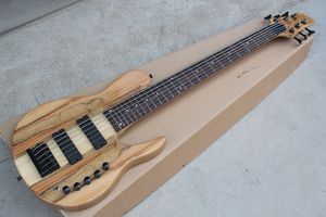 Factory Custom 6-snarige as nek-thru-body elektrische basgitaar met kaartlijnen fineer, zwarte hardwares, aanbieding aangepast