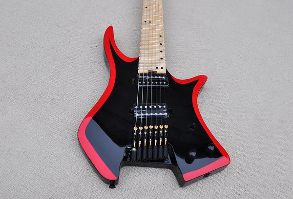 Guitare électrique sans tête noire à 7 cordes personnalisées en usine avec matériel noir en manche en érable ventilé offre personnalisée