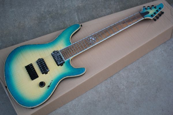 Guitare électrique Blue Sunburst 7 cordes personnalisée en usine avec Necl-Thru-Body, placage d'érable flammé, peut être personnalisé