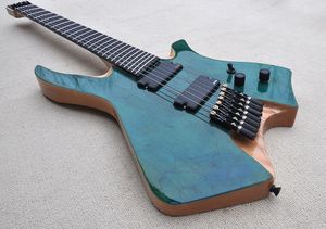 Factory Custom 7 Strings Headless Electric Guitar met Fanned Ebony Fretboard Ash Body Spalted Maple Fineer Black Hardwares Aangepast