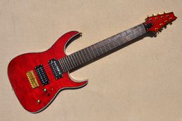 Guitarra eléctrica roja de 8 cuerdas personalizada de fábrica con pastillas HH Cuerpo de encuadernación colorido Hardware dorado Diapasón de palisandro se puede personalizar