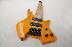 Usine personnalisée 8 cordes jaune guitare électrique sans tête avec corps en frêne manche en érable ventilé matériel noir offre personnalisée