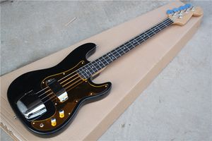 Fabriek aangepaste zwarte elektrische basgitaar met 4 snaren, gouden pickguard, palissander toets, kan worden aangepast