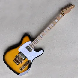 Guitarra eléctrica naranja negra personalizada de fábrica con diapasón de arce, hardware dorado, puente de roca doble, se puede personalizar