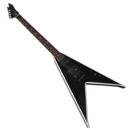 Guitarra eléctrica en forma de V negra personalizada de fábrica con encuadernación blanca, diapasón de palisandro, 24 trastes, se puede personalizar a pedido