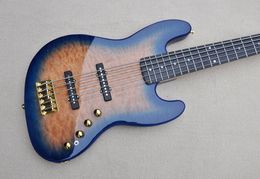 Guitare basse électrique active à 5 cordes Blue burst personnalisée en usine avec placage d'érable matelassé points de touche en palissandre Fret Inlay Gold hardwares Offre personnalisée