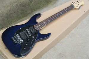 Guitare électrique bleue personnalisée en usine avec pickguard noir, touche en palissandre, pont à double roche, peut être personnalisée