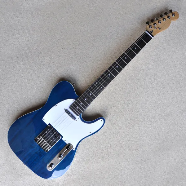 Guitare électrique bleue personnalisée en usine, avec manche en érable, Pickguard blanc, corps en acajou, personnalisable