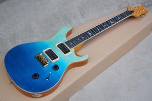 Guitare électrique Blue Sunburst personnalisée en usine avec quincaillerie dorée, incrustation de frette d'oiseau, placage d'érable flammé, peut être personnalisée