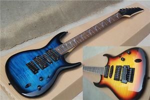 Guitare électrique Blue Sunburst personnalisée en usine avec pont fixe en placage d'érable flammé, matériel noir en palissandre Peut être personnalisé
