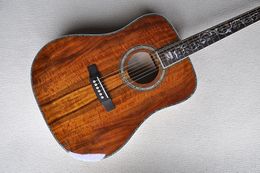 Guitarra acústica marrón personalizada de fábrica de 41 pulgadas con parte superior de acacia sólida, 6 cuerdas, incrustaciones de trastes de flores, encuadernación de abulón, se puede personalizar