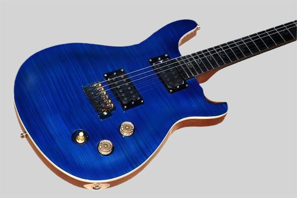 Guitarra eléctrica prs azul oscuro personalizada de fábrica con herrajes cromados, cuerpo de encuadernación blanca, chapa de arce flameado, se puede personalizar