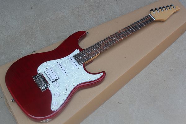 Guitarra eléctrica roja oscura personalizada de fábrica con chapa de arce flameado, diapasón de palisandro, golpeador de perla blanca, pastillas SSH, se puede personalizar