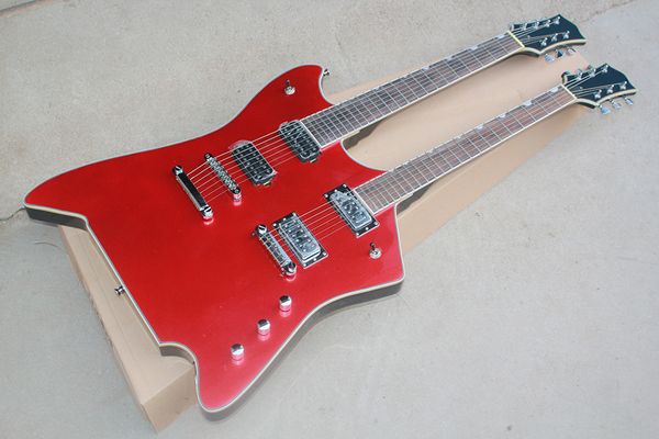 Guitare électrique rouge en métal à Double cou personnalisée en usine avec 6 + 7 cordes, matériel chromé, touche en palissandre, offre personnalisée