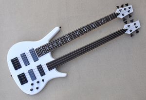 Factory Custom Double Neck White Electric Bass Guitar With 5+4 Strings,Black Hardware,Basswood body,Offer Customized