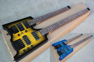 Guitarra eléctrica amarilla y azul de doble cuello personalizada de fábrica con bajo de 6 + 4 cuerdas, sin cabeza, herrajes negros, chapa de arce flameado, oferta personalizada