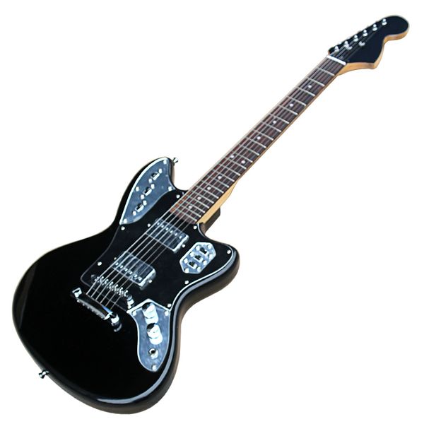 Guitare électrique à corps noir à pont fixe personnalisé en usine avec matériel chromé, touche en palissandre, peut être personnalisée
