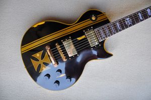 Guitare électrique noire brillante personnalisée en usine avec touche en palissandre de style relique, matériel en or, incrustation de frette en perle blanche, peut être personnalisée