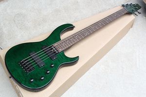 Guitare basse électrique verte à 5 cordes, personnalisée en usine, avec matériel noir, placage d'érable Chouds, peut être personnalisée