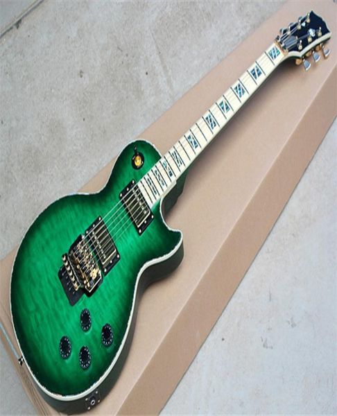 Guitarra eléctrica de cuerpo verde personalizada de fábrica con diapasón de arce con chapa de arce con incrustaciones verdes Hardware dorado Proporcionar personalizado 3922252