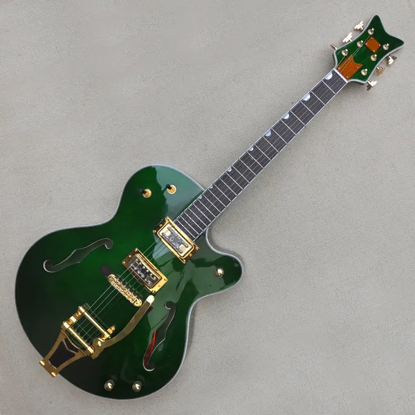 Guitare électrique verte creuse personnalisée en usine, avec matériel doré et système de trémolo pickguard, personnalisable