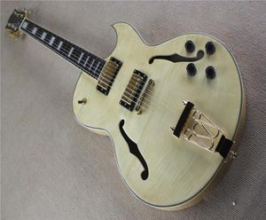 Guitare électrique de couleur bois naturel creux personnalisé en usine avec quincaillerie dorée, manche en palissandre, placage d'érable flammé, peut être personnalisé 6199694