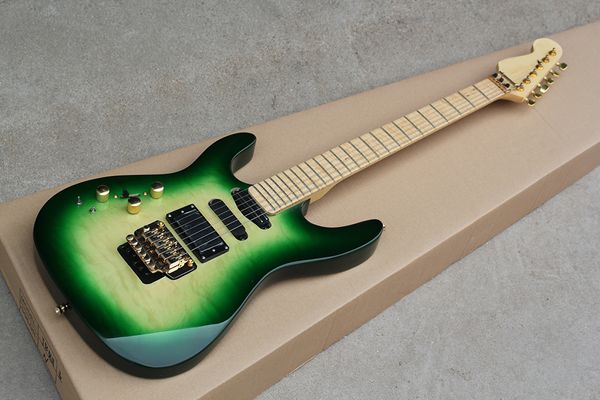 Guitare électrique verte pour gaucher personnalisée en usine avec pont Floyd Rose, quincaillerie dorée, peut être personnalisée