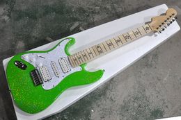 Fábrica personalizada zurdo partículas brillantes brillantes guitarra eléctrica verde con 7 cuerdas diapasón de arce pastilla HSH se puede personalizar