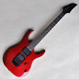 Guitarra eléctrica roja de metal personalizada de fábrica con diapasón de palisandro, herrajes negros, pastillas HSH que se pueden personalizar