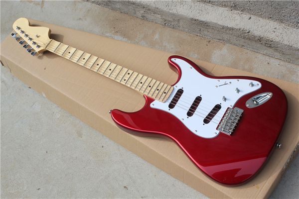 Kit de guitare électrique rouge en métal personnalisé en usine (pièces) avec manche en érable festonné, PAS de micros, guitare semi-finie bricolage, offre personnalisée