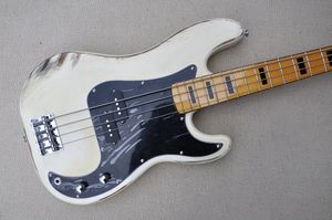 Factory Custom Milk White Electric Bass Guitar with 4 Strings relic Style body Black Pickguard Chrome hardwares Maple Fretboard Offer Customized
