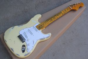 Guitare électrique jaune lait personnalisée en usine avec style vintage, manche festonné en érable, pickguard blanc, peut être personnalisé